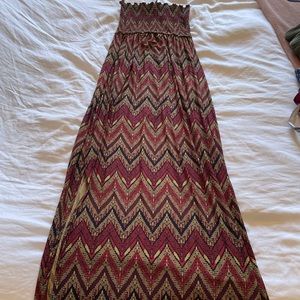 Smocked Patterned Red and Yellow Maxi Dress w Slit